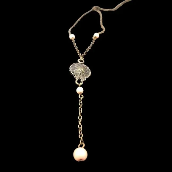Vintage-Style Bronze Necklace Pink Pearl Accents & Ornate Central Pendant 16" - Picture 3 of 4